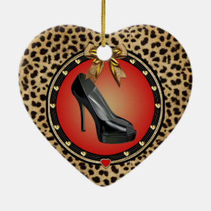 Schwarzer Stiletto Cheetah Herzstück Keramik Ornament