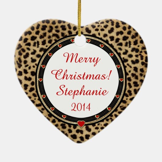 Schwarzer Stiletto Cheetah Personalisiertes Herz O Keramikornament (Hinten)