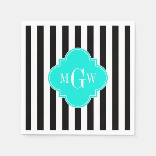 Schwarzer Streifen Bright Aqua Quatrefolie 3 Monog Serviette (Vorderseite)
