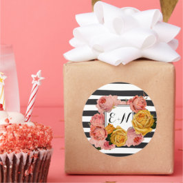 Schwarzer Streifen Heirloom Rosa Gelbe Rosen Hochz Runder Aufkleber