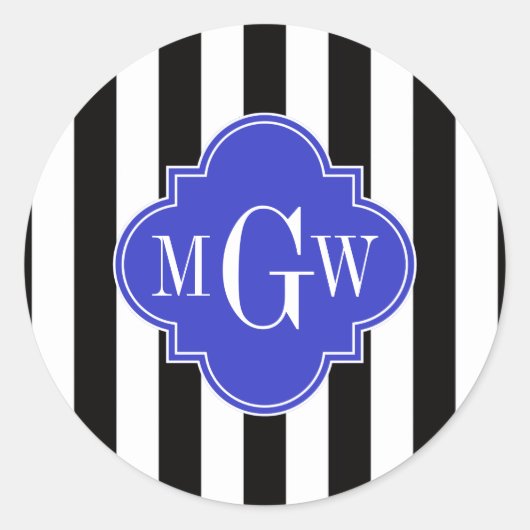 Schwarzer Streifen Kobalt Blue Quatrefolie 3 Monog Runder Aufkleber (Vorderseite)