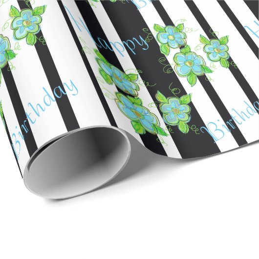 Schwarzer Streifen mit blauer Blume Geschenkpapier (Rolleneckpunkt)