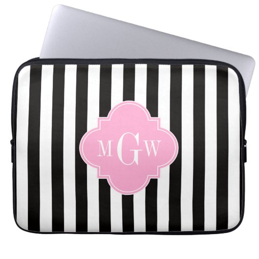 Schwarzer Streifen Rosa Folie 3 Monogramm Laptopschutzhülle (Vorderseite)
