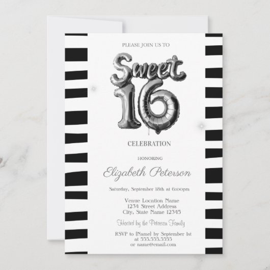 Schwarzer Streifen Silberballon Sweet 16 Einladung (Vorderseite)