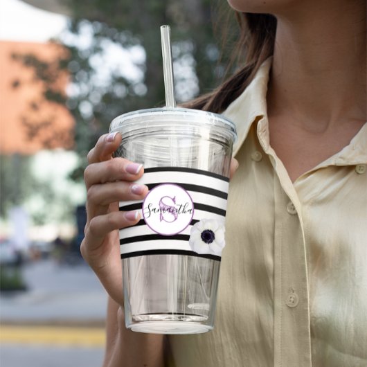 Schwarzer Streifen und Anemone Mit Monogramm Perso Acryltrinkbecher