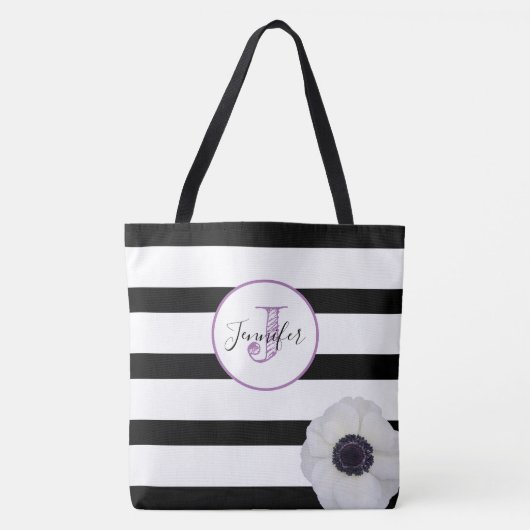 Schwarzer Streifen und Anemone Mit Monogramm Perso Tasche (Vorderseite)