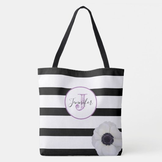 Schwarzer Streifen und Anemone Mit Monogramm Perso Tasche (Rückseite)