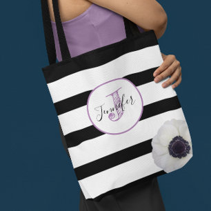 Schwarzer Streifen-und Anemonen-mit Monogramm Tasche
