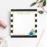 Schwarzer Streifen und blaue Blume Personalisierte Notizblock<br><div class="desc">Modernes Notizblock mit Blumenmuster mit schicken,  schwarz-weißen Streifen mit einer blauen Aquarellpansie Blume und Imitaten goldenen Rahmen. Passen Sie mit einem Monogramm,  Namen oder Text Ihrer Wahl an!</div>