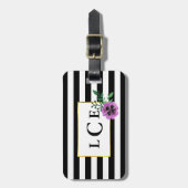 Schwarzer Streifen und Lila Pansy-Monogramm-Gepäck Gepäckanhänger (Vorderseite vertikal)