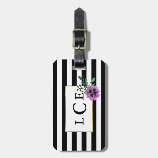 Schwarzer Streifen und Lila Pansy-Monogramm-Gepäck Gepäckanhänger (Vorderseite vertikal)