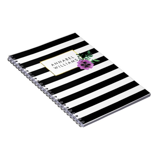 Schwarzer Streifen und Lila Pansy-Notebook Notizblock (Rechte Seite)