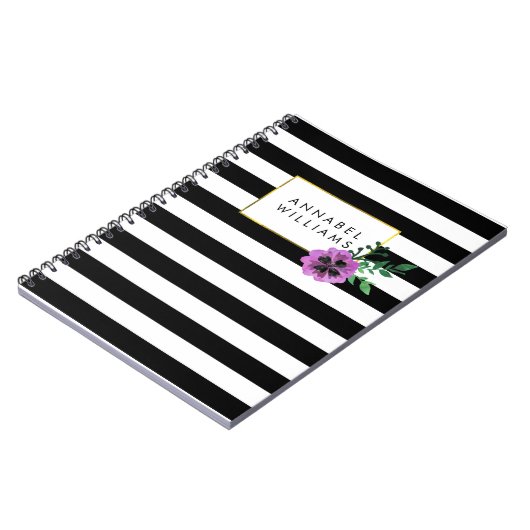 Schwarzer Streifen und Lila Pansy-Notebook Notizblock (Linke Seite)