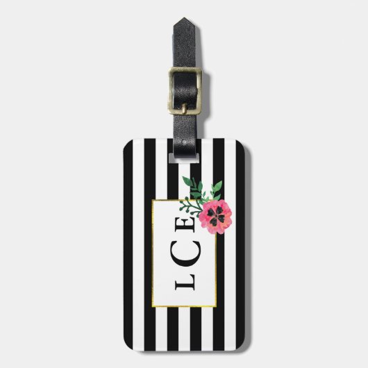 Schwarzer Streifen und rosa, florale Monogramm-Gep Gepäckanhänger (Vorderseite vertikal)