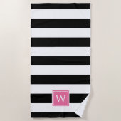 Schwarzer Streifen und rosa Monogramm Strandtuch (Vorderseite)