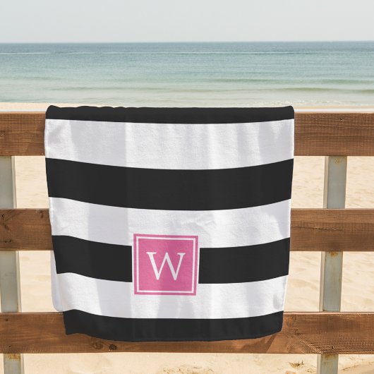 Schwarzer Streifen und rosa Monogramm Strandtuch