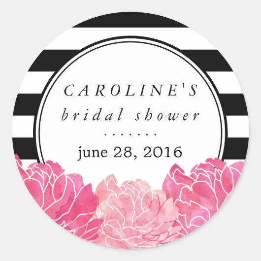 Schwarzer Streifen und rosa Peony-Brautparty Runder Aufkleber (Vorderseite)