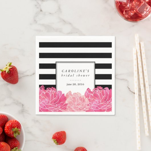 Schwarzer Streifen und rosa Peony-Brautparty Serviette (Beispiel)