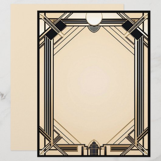 Schwarzer Tan und White Art Deco Rahmen Briefbogen (Vorne/Hinten)