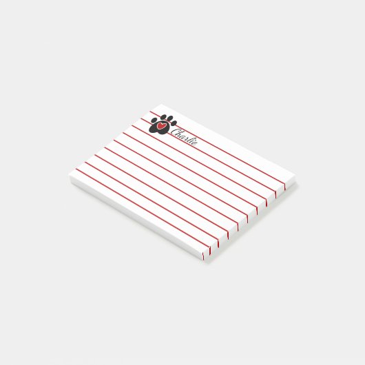 Schwarzer Tatzen-Druck und rotes Herz Post-it Klebezettel (angewinkelt)