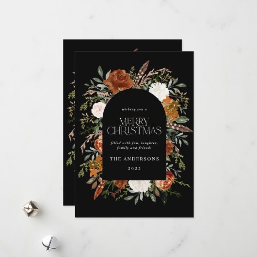 Schwarzer Terrakotta-Foto botanischer, eleganter B Feiertagskarte (Vorderseite/Rückseite Beispiel)