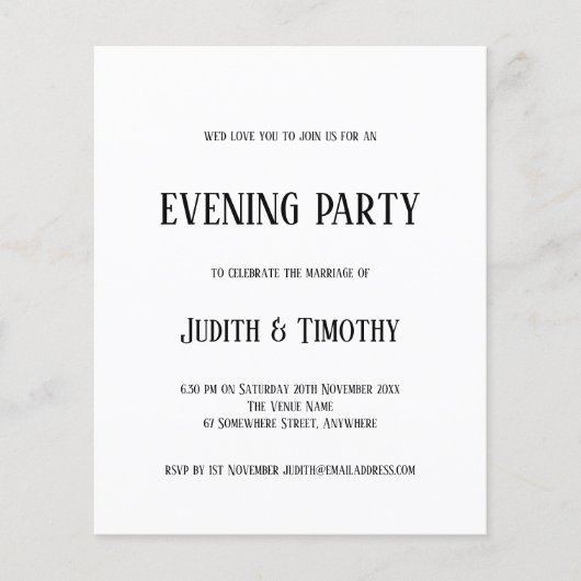 Schwarzer Text Weißer Abend Party laden (Vorderseite)