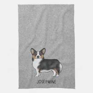 Schwarzer Tricolor Pembroke Welsh Corgi mit Namen Geschirrtuch