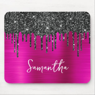 Schwarzer tropfender Glitter Hot Pink Glam Name Mousepad