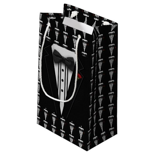 Schwarzer Tuxedo mit Bogen-Krawatte Kleine Geschenktüte (Rückseite Schrägansicht)
