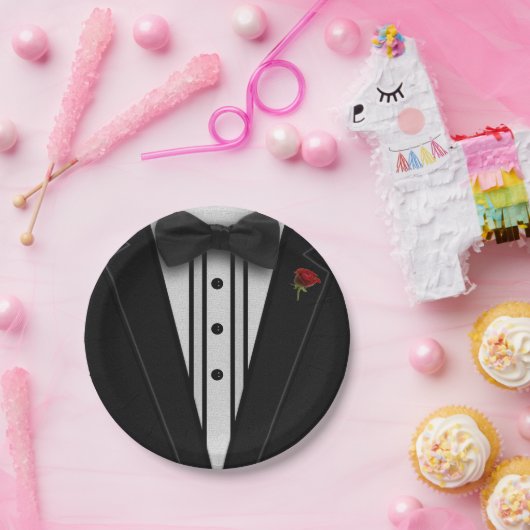 Schwarzer Tuxedo mit Bogen-Krawatte Pappteller (Party)