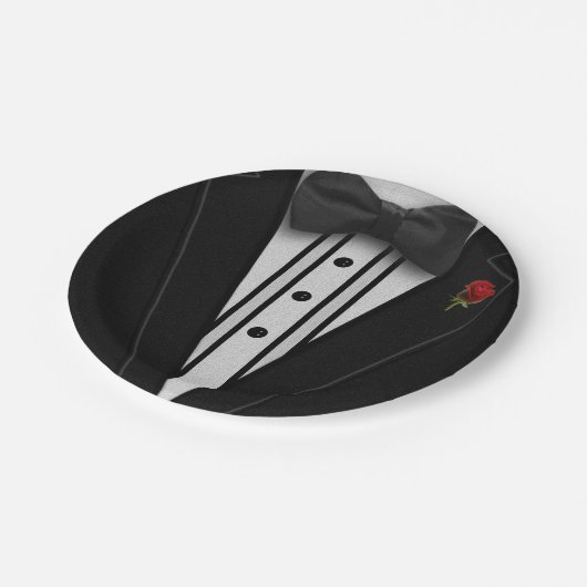 Schwarzer Tuxedo mit Bogen-Krawatte Pappteller (Schrägansicht)