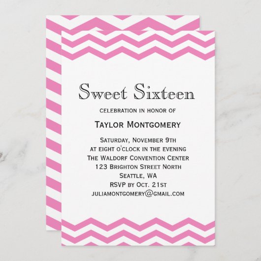 Schwarzer Typ und Rosa Zickzack Sweet 16 Einladung (Vorne/Hinten)
