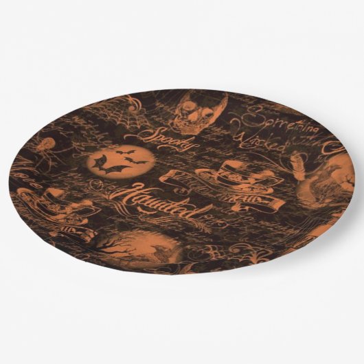 Schwarzer u. orange Spuk HalloweenpapierTeller Pappteller (Schrägansicht)