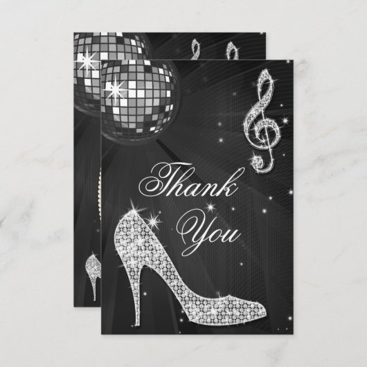 Schwarzer u. silberner Disco-Ball-Schein-Heels Dankeskarte (Vorne/Hinten)