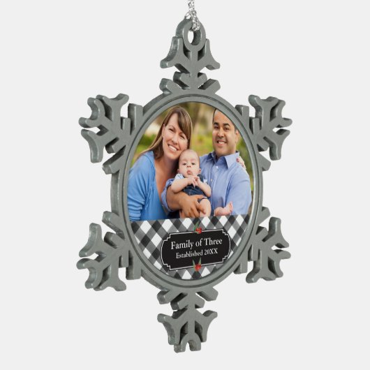 Schwarzer u. weißer Büffel-karierte Schneeflocken Zinn-Ornament (Links)