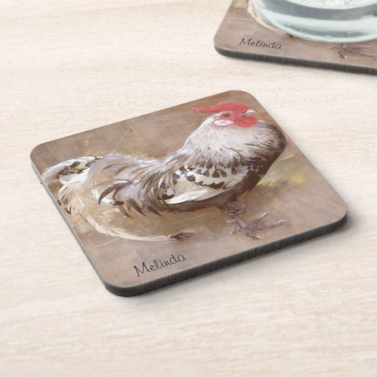 Schwarzer u. weißer gesprenkelter Hahn Getränkeuntersetzer (Linke Seite)