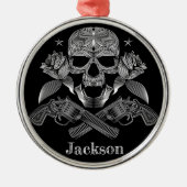 Schwarzer u. weißer Schädel und Gewehre Silbernes Ornament (Vorne)