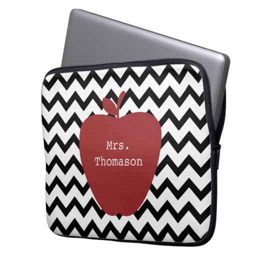 Schwarzer u. weißer Zickzack Lehrer roten Apples Laptopschutzhülle (Vorderseite Links)