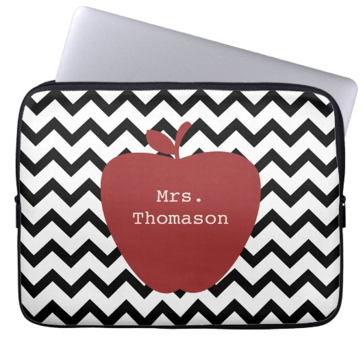 Schwarzer u. weißer Zickzack Lehrer roten Apples Laptopschutzhülle (Vorderseite)