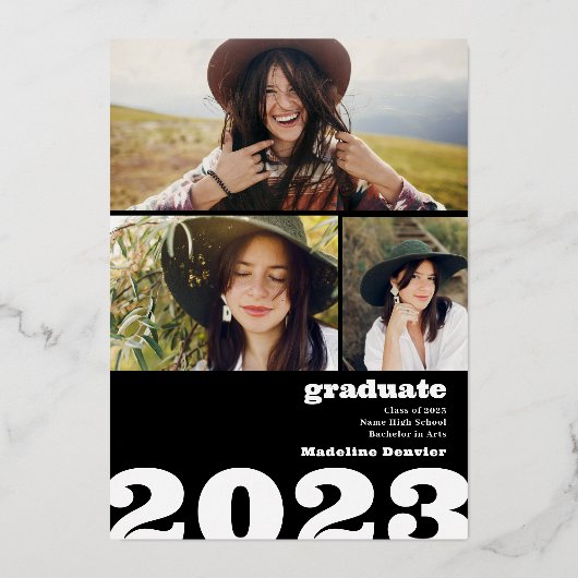 Schwarzer, übergroßer Grad 4 Foto 2023 Abschluss Folieneinladung (Rückseite)