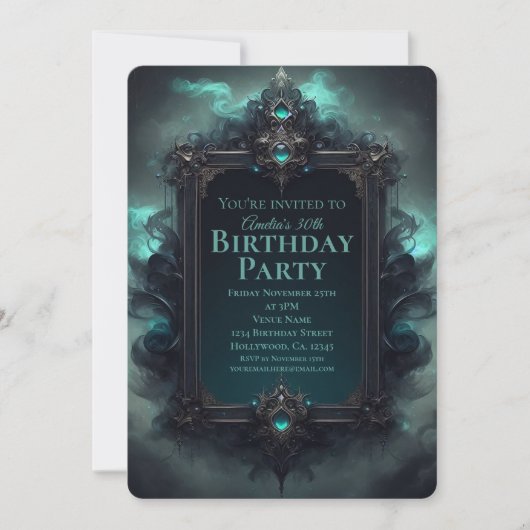 Schwarzer und Aquamariner mystischer Geburtstag Einladung (Vorderseite)