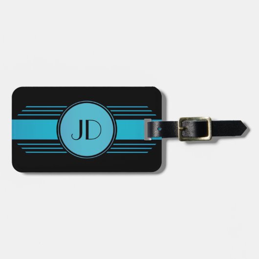 Schwarzer und blauer Kunst-Deko-mit Monogramm Gepäckanhänger (Vorderseite horizontal)