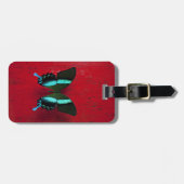 Schwarzer und blauer Schmetterling auf roter Wand Gepäckanhänger (Vorderseite horizontal)