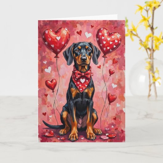 Schwarzer und Brauner Coonhound Valentinstag Hund Karte (Gelbe Blume)