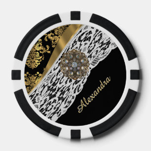 Schwarzer und goldener Damast, weißer Spitzenkrist Pokerchips