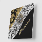 Schwarzer und goldener Damast, weißer Spitzenkrist Quadratische Wanduhr (Winkel)