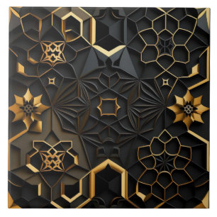 Schwarzer und goldener geometrischer floraler Mosa Fliese