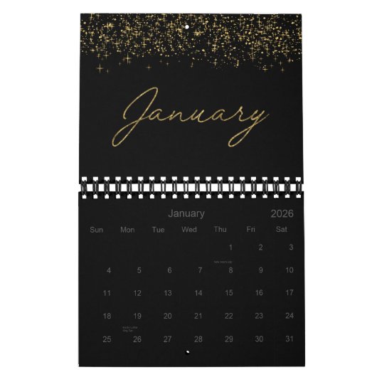 Schwarzer und goldener Glitter Eleganter moderner Kalender (Jan 2026)