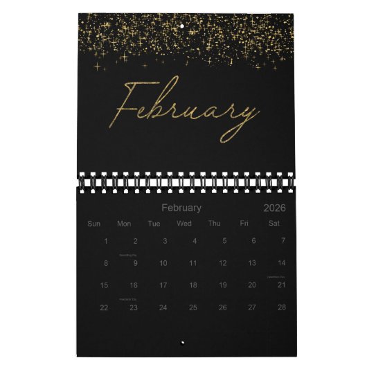 Schwarzer und goldener Glitter Eleganter moderner Kalender (Feb 2026)