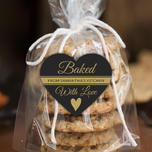 Schwarzer und goldener Glitzer mit Liebe gebacken Herz-Aufkleber